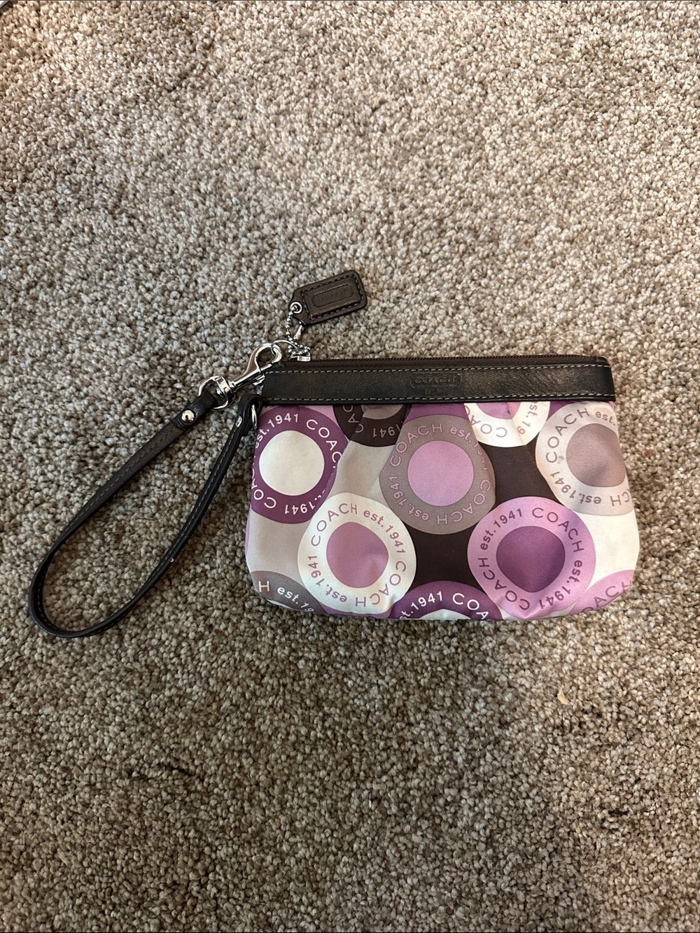 Coach Purple and Cream Circle Logo Wristlet with Brown Trim